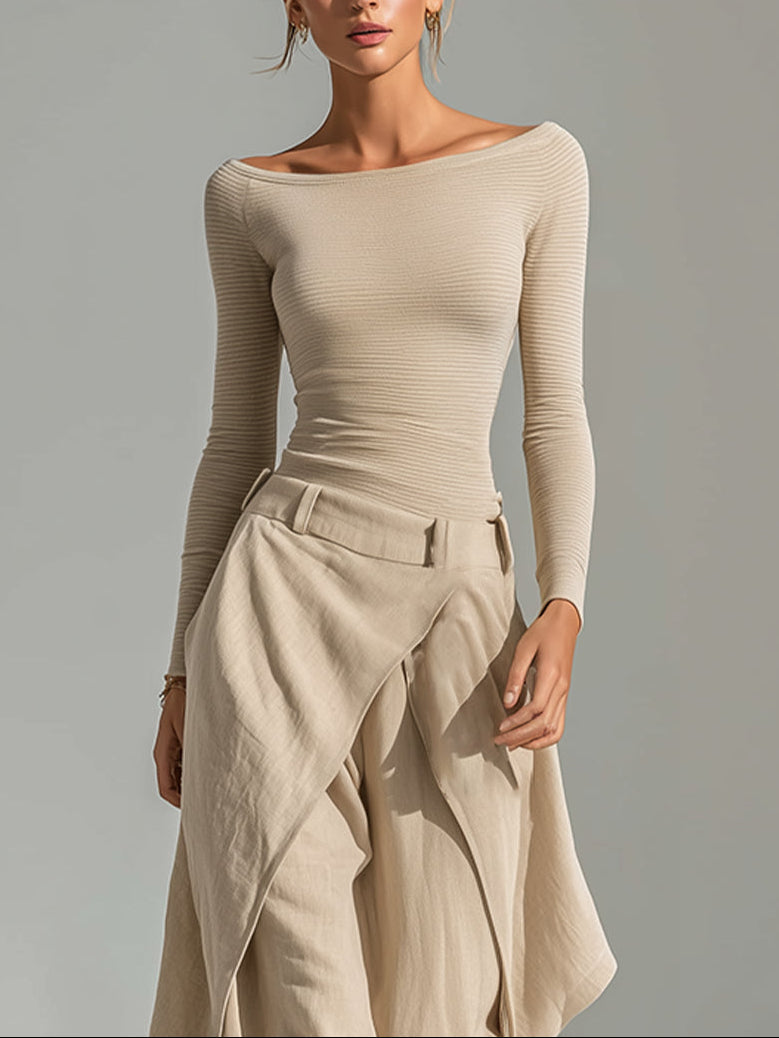 Giuliana | Top beige con scollo a barca e set di pantaloni larghi a strati
