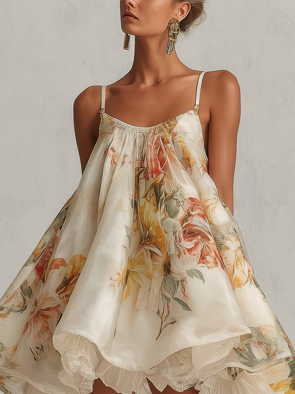 Blanche | Vestido Mini Evasé de Organza Floral Beige con Ribete de Encaje
