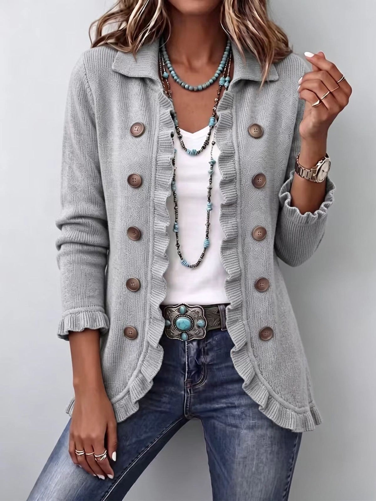 Angelina | Chaqueta de Punto Gris Jaspeado con Volantes