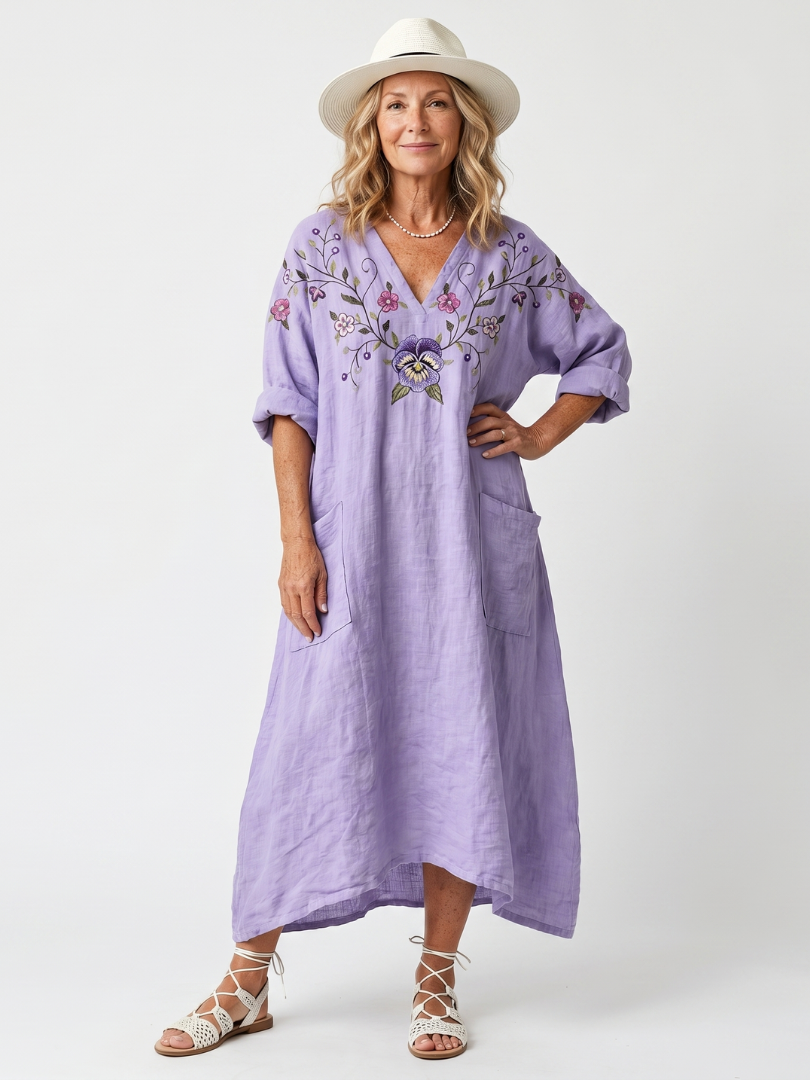 Tavi | Vestido midi oversize con bordado floral y bolsillos