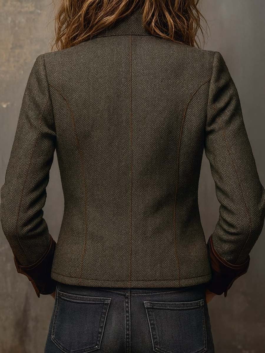 Honorine | Blazer Vintage Espiguilla con Ribetes Contrastantes