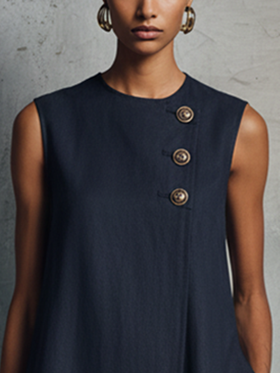 Vestido mini para mujer de estilo minimalista y profesional azul marino con cuello redondo, botones asimétricos, bolsillo lateral, sin mangas