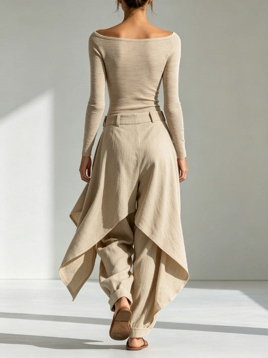 Giuliana | Top beige con scollo a barca e set di pantaloni larghi a strati
