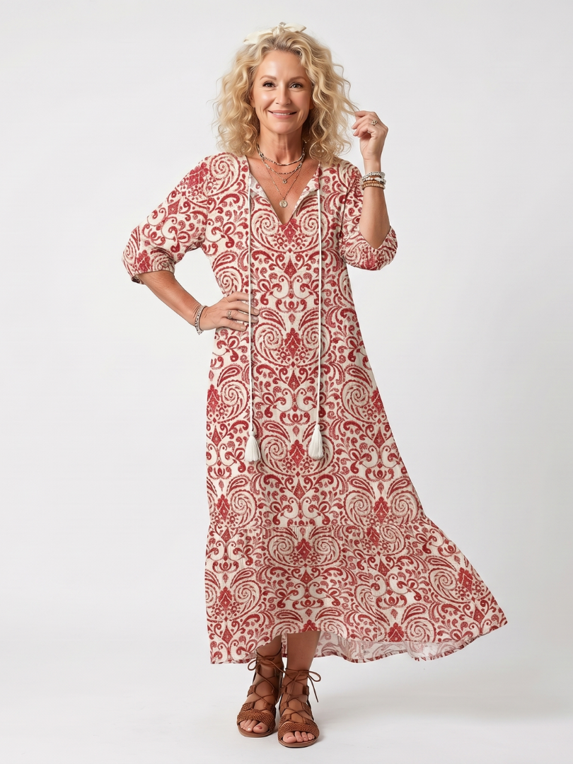 Noelle | Vestido midi con estampado ornamental y cordón de borlas