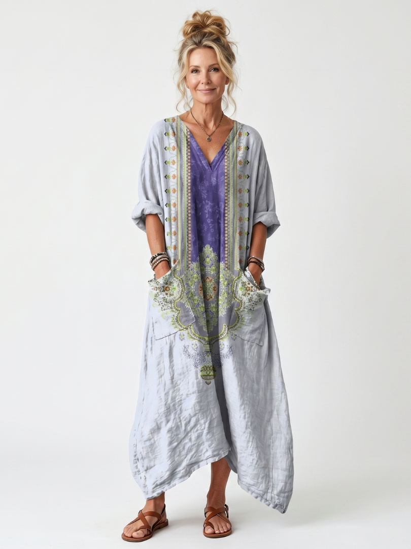 Raina | Vestido midi oversize con panel bordado en contraste y bolsillos
