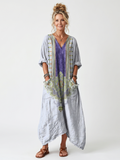 Raina | Vestido midi oversize con panel bordado en contraste y bolsillos