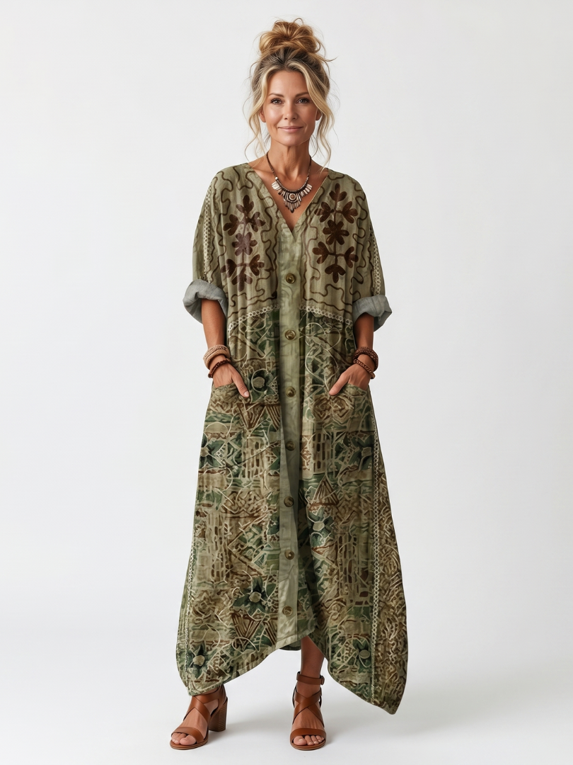Aleta | Vestido midi oversize bordado con botonadura y bolsillos