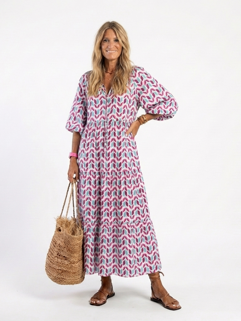 Mireya | Vestido midi de volantes con estampado geométrico y manga larga