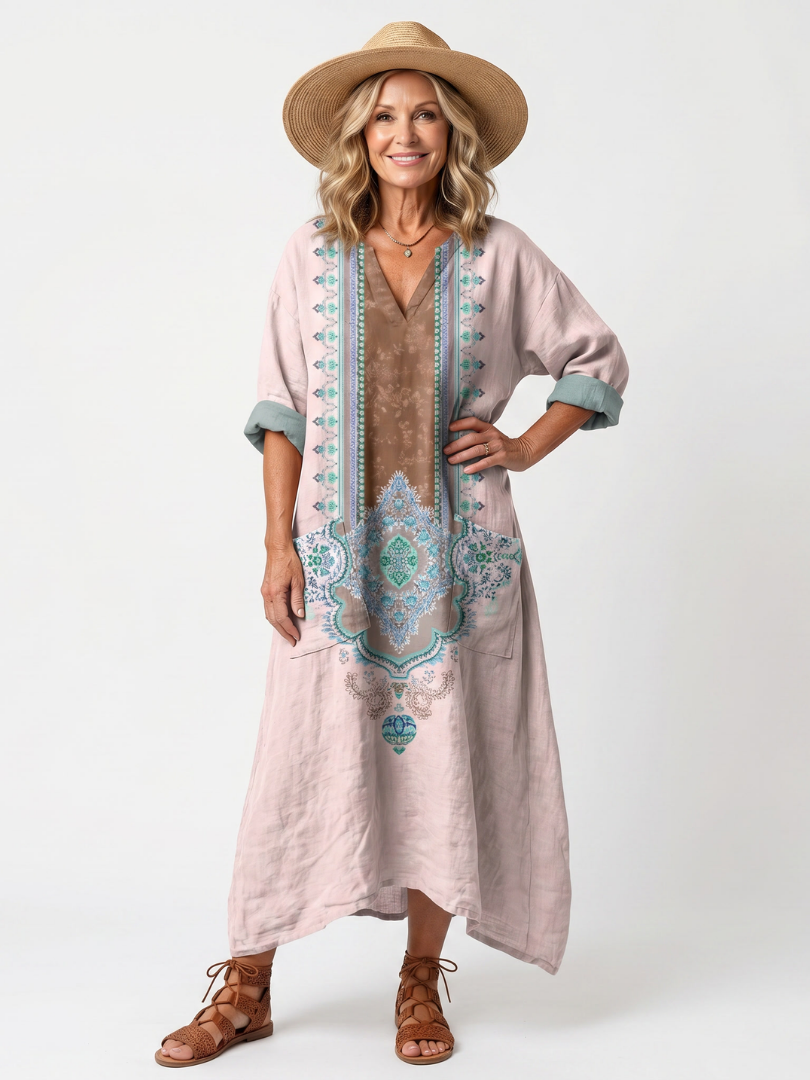 Kenza | Vestido midi relajado con paneles bordados y bolsillos
