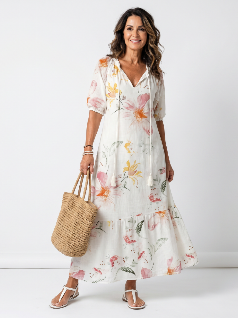 Noa | Vestido midi floral de volantes con borlas