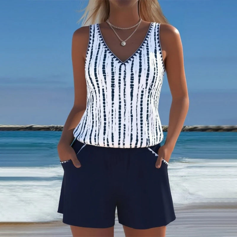 Traje de baño de dos piezas casual con bolsillos y escote en V estampado