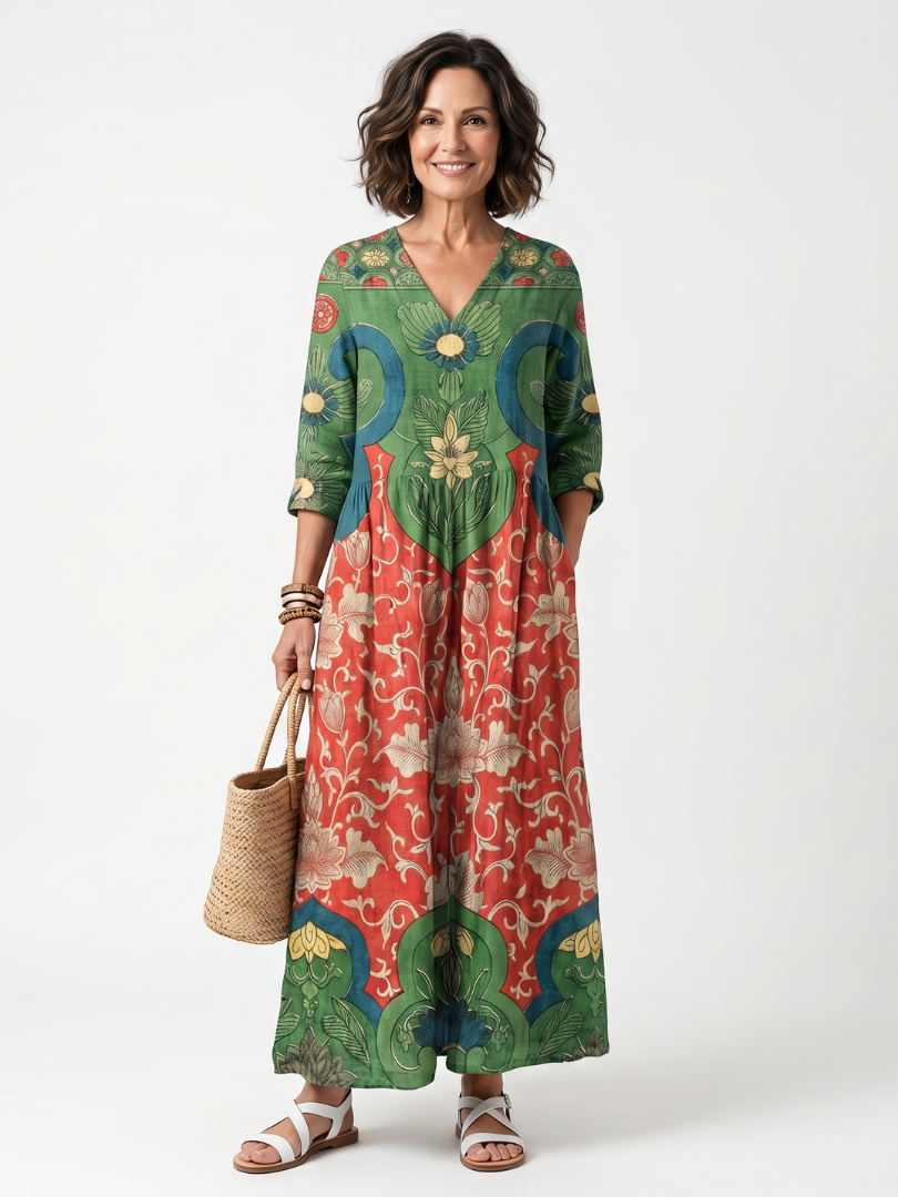 Sloane | Vestido midi con estampado mixto, escote en V y bolsillos