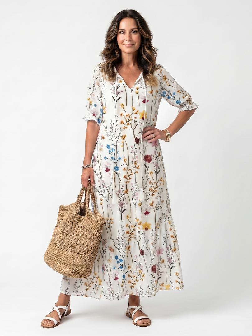 Sylvie | Vestido midi con estampado botánico y cordón de borlas