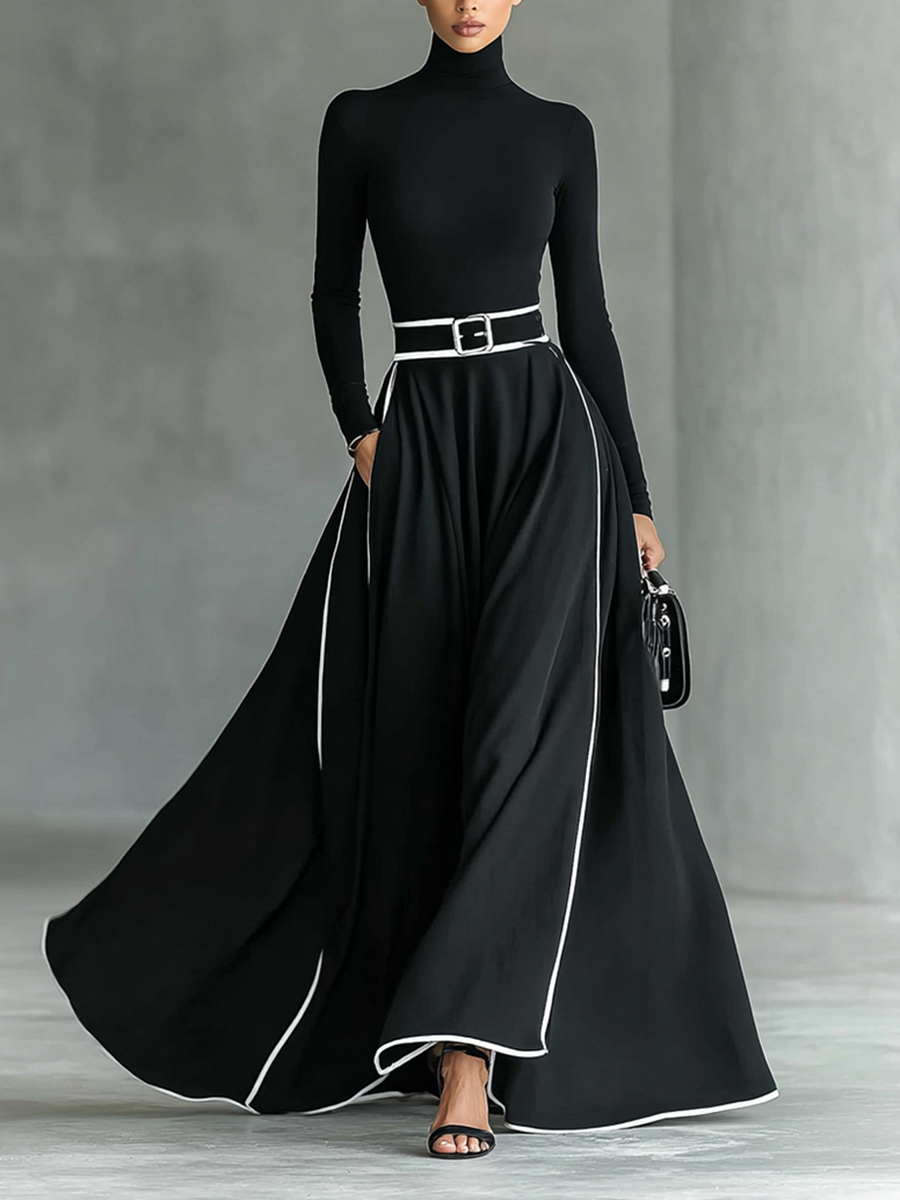Gina – Vestido Maxi de Mujer Negro con Costuras Blancas y Cuello Alto, Manga Larga, Cintura Entallada