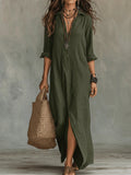 Soline™ | Vestido maxi verde holgado con botones