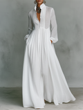 Elisa – Exclusiva Maxi Minimalista de Algodón con Patchwork, Cuello Alto y Mangas Largas