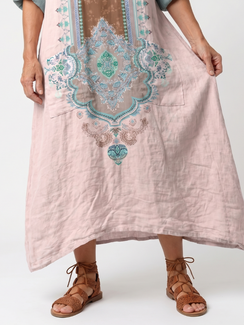 Kenza | Vestido midi relajado con paneles bordados y bolsillos