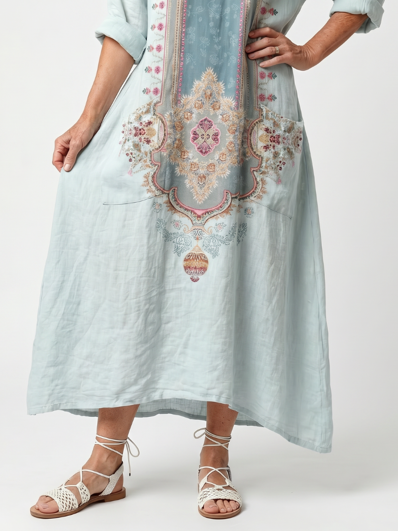 Kassiani | Vestido midi oversize con panel bordado y bolsillos
