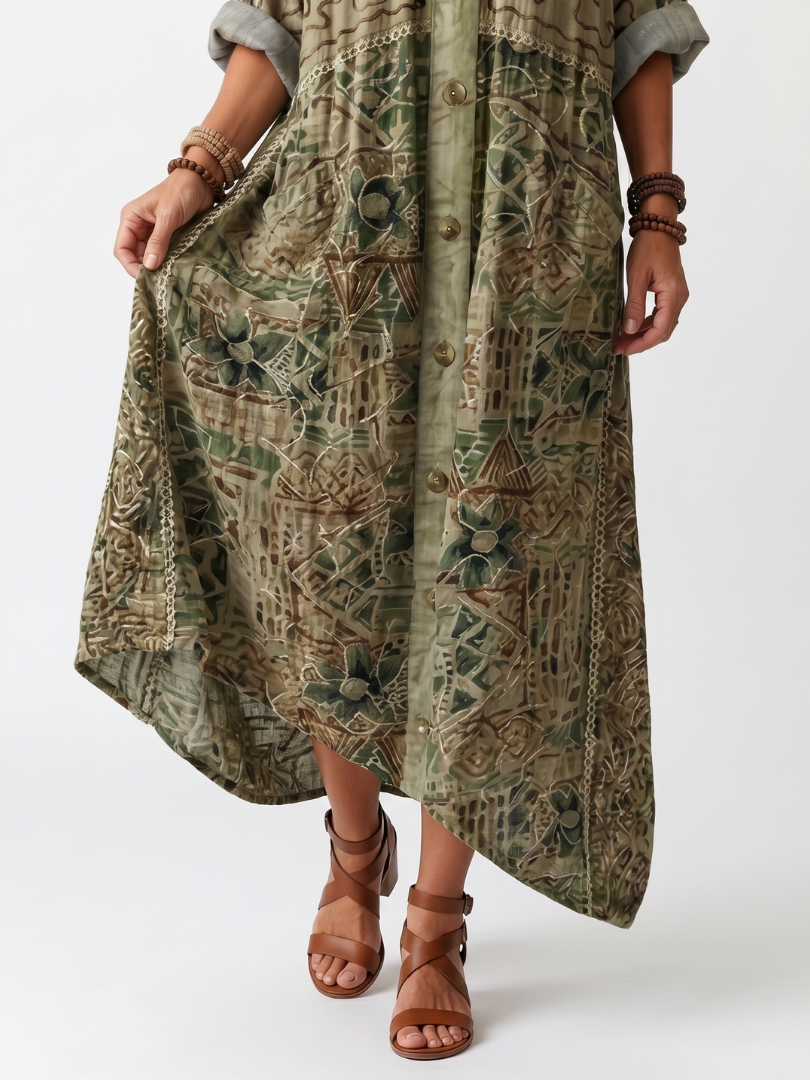 Aleta | Vestido midi oversize bordado con botonadura y bolsillos