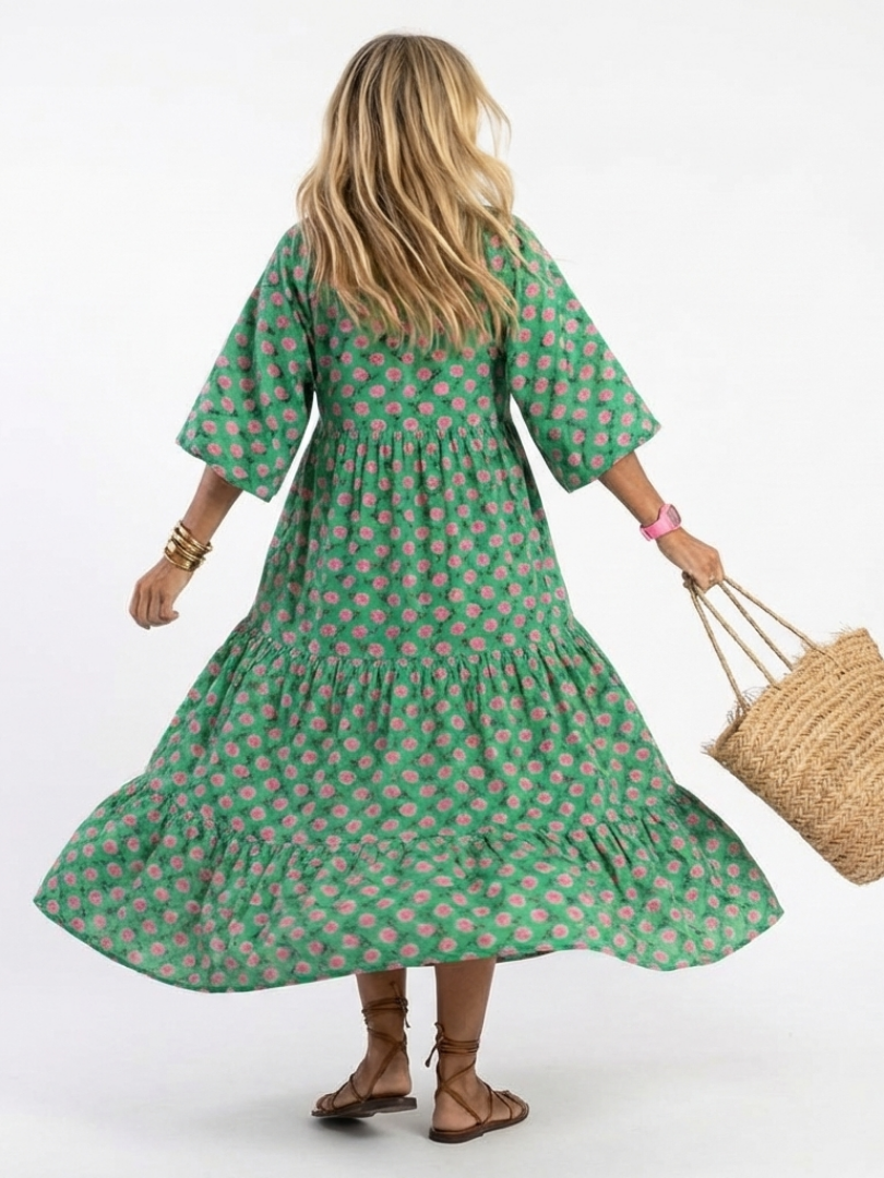 Fiora | Vestido midi de volantes con estampado floral y escote en V