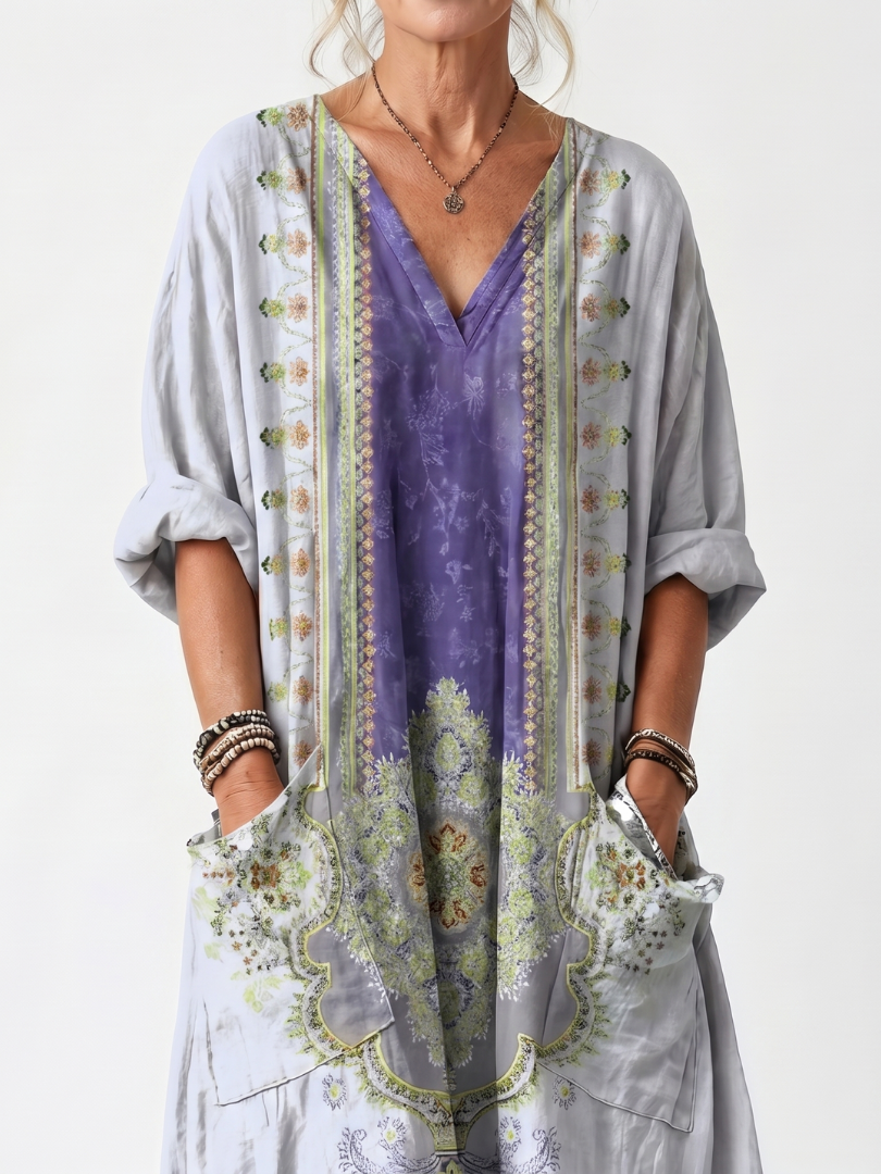 Raina | Vestido midi oversize con panel bordado en contraste y bolsillos