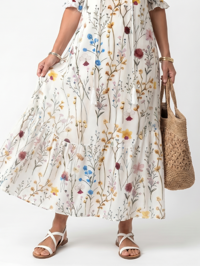 Sylvie | Vestido midi con estampado botánico y cordón de borlas