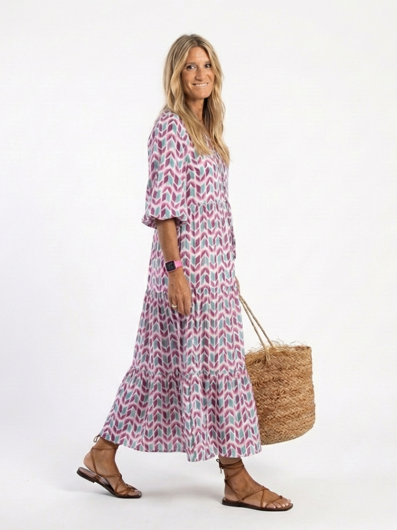 Mireya | Vestido midi de volantes con estampado geométrico y manga larga