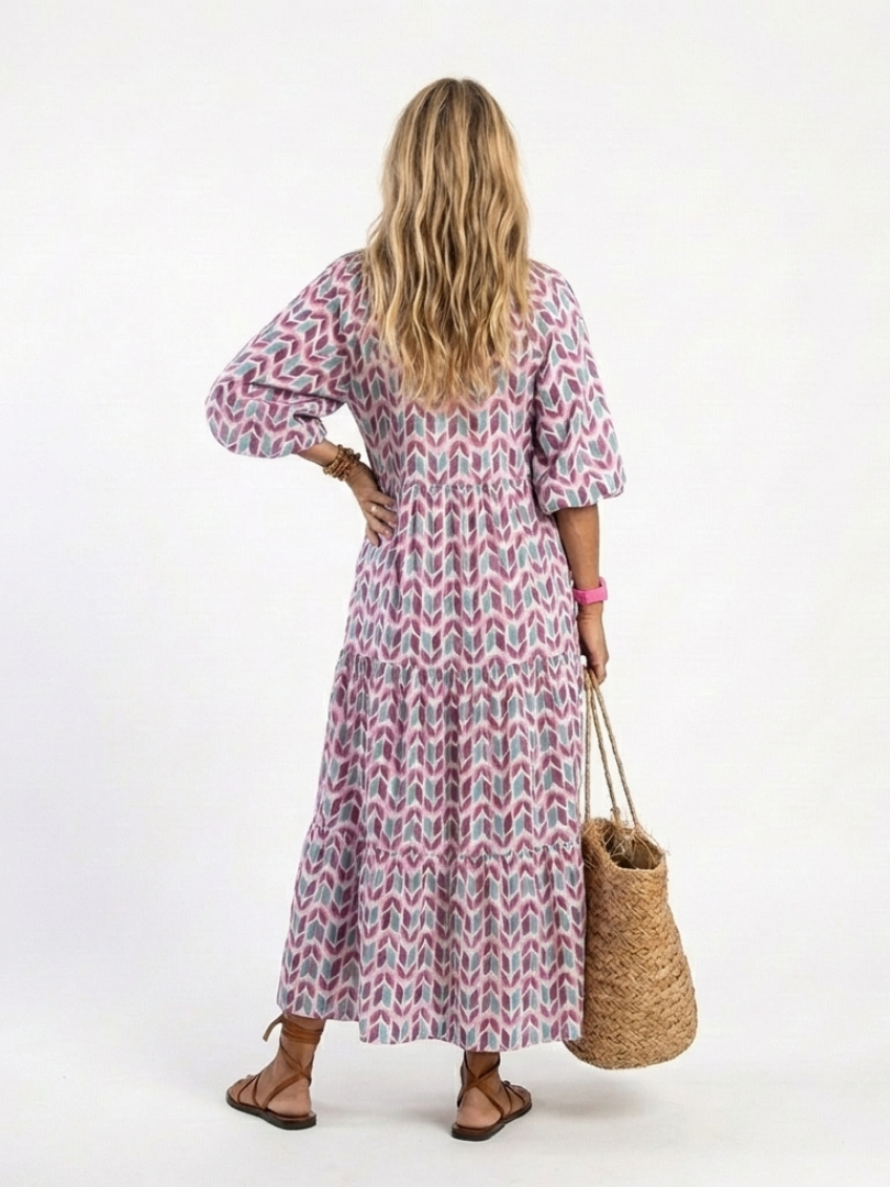 Mireya | Vestido midi de volantes con estampado geométrico y manga larga