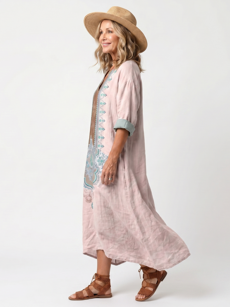 Kenza | Vestido midi relajado con paneles bordados y bolsillos