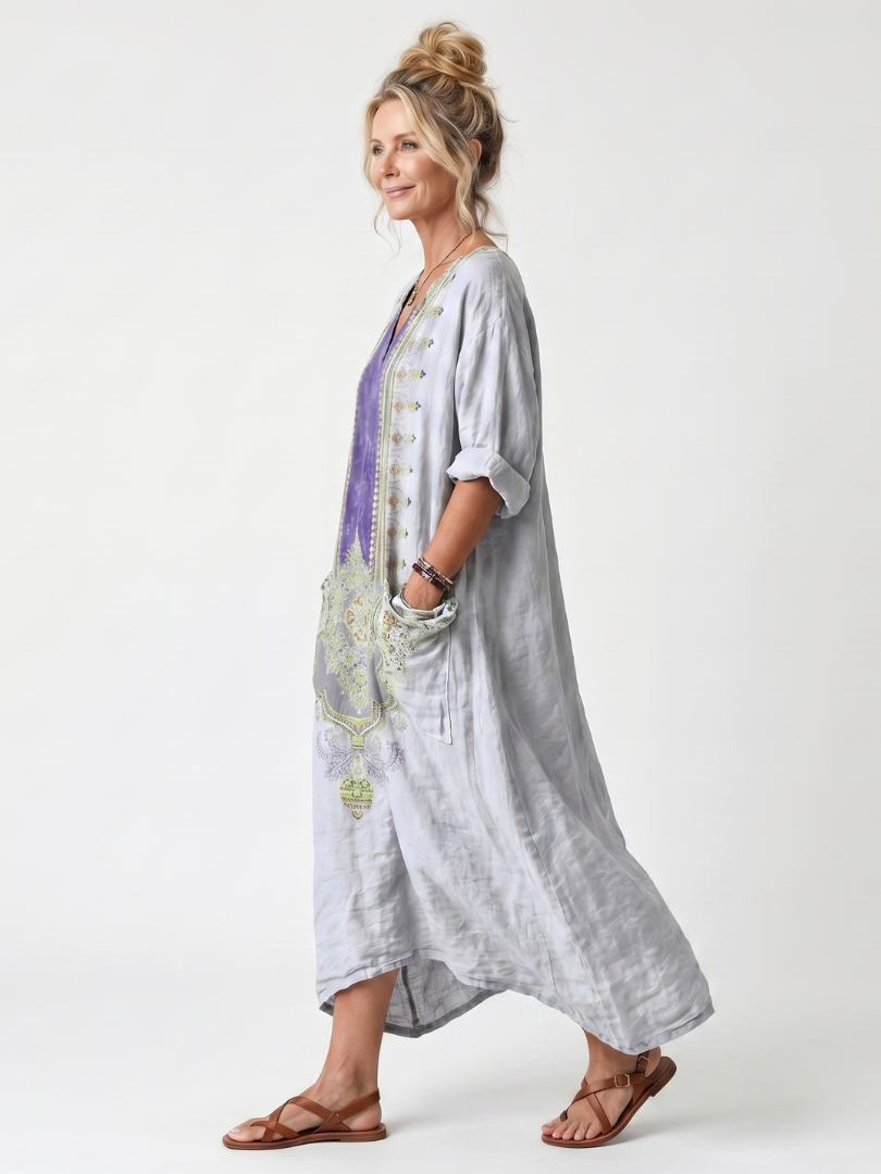 Raina | Vestido midi oversize con panel bordado en contraste y bolsillos