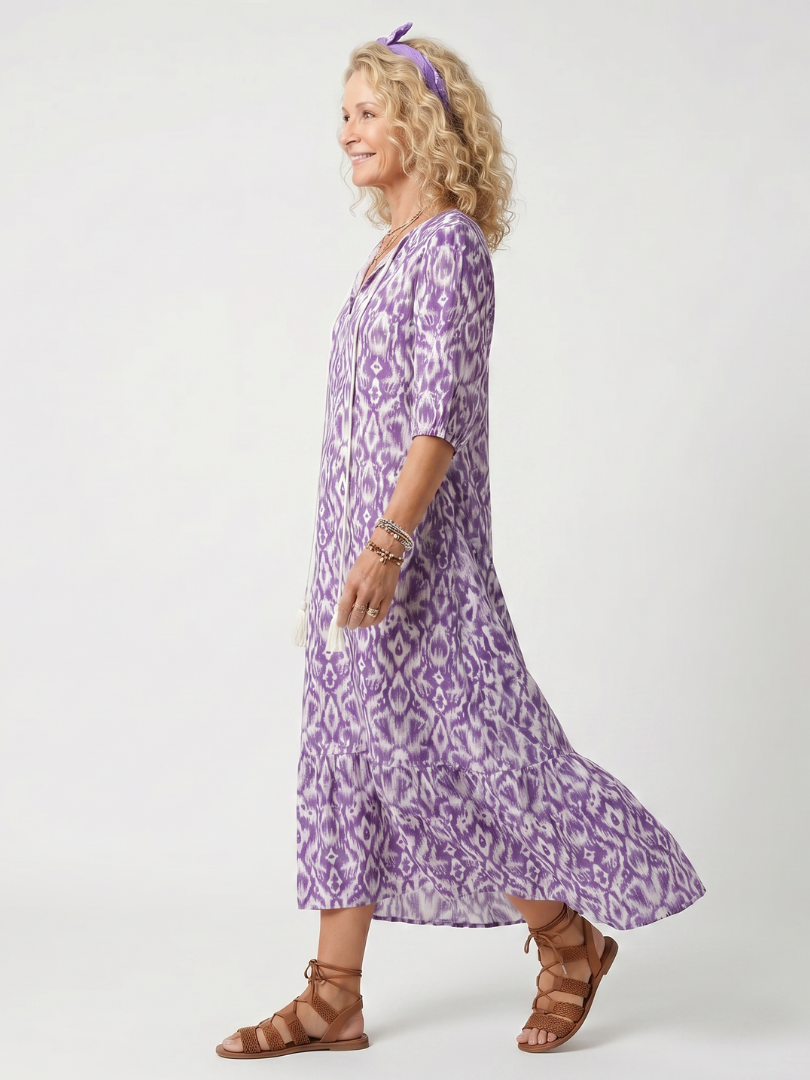 Penelope | Vestido midi estampado con cordón de borlas