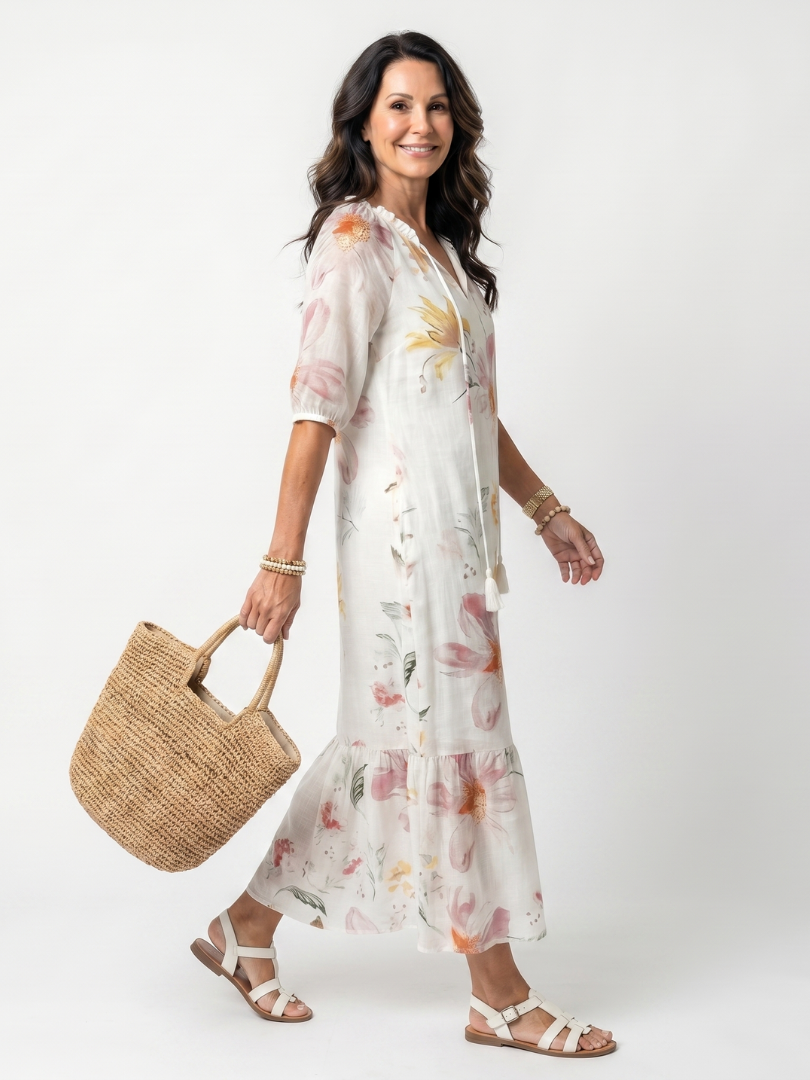 Noa | Vestido midi floral de volantes con borlas