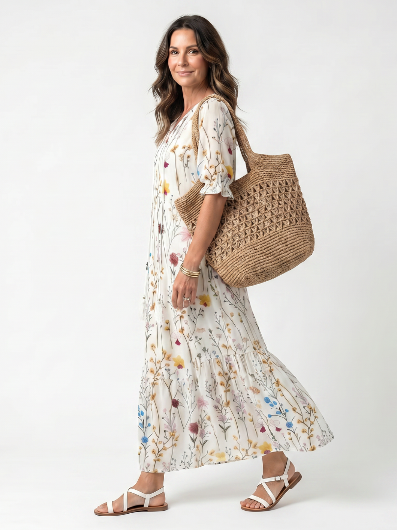 Sylvie | Vestido midi con estampado botánico y cordón de borlas