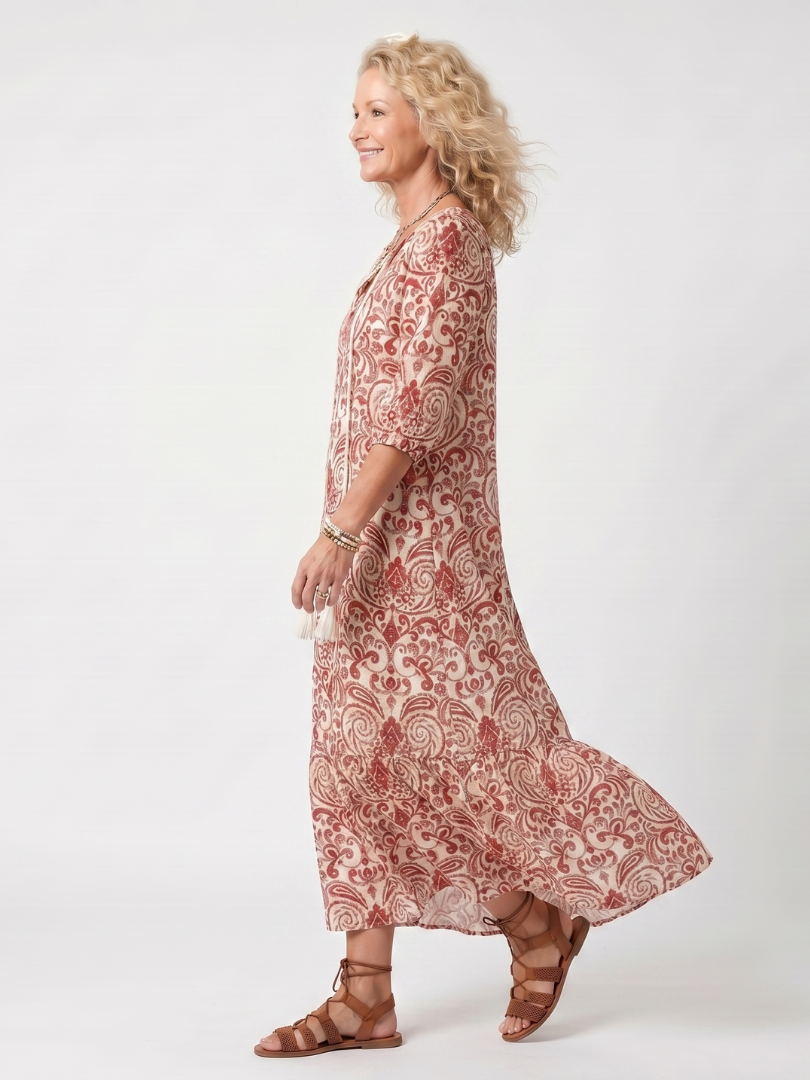 Noelle | Vestido midi con estampado ornamental y cordón de borlas
