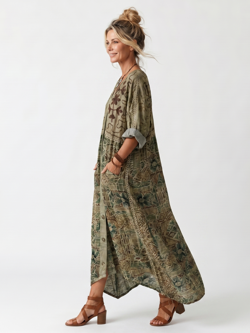 Aleta | Vestido midi oversize bordado con botonadura y bolsillos