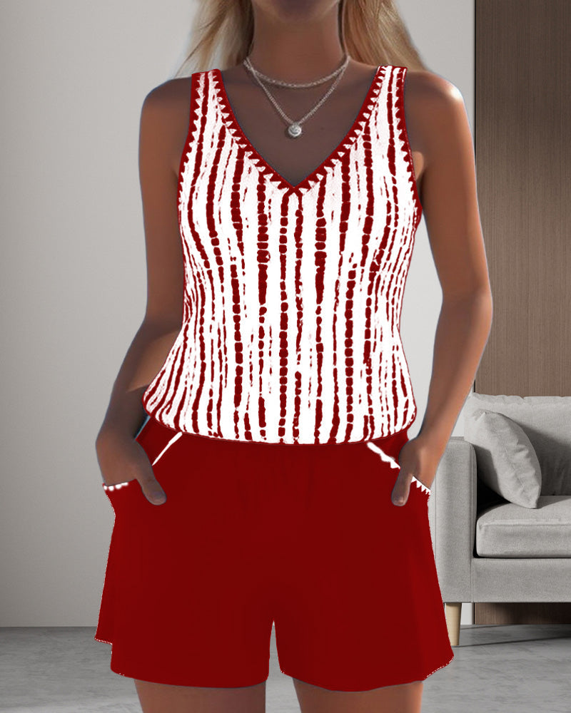 Traje de baño de dos piezas casual con bolsillos y escote en V estampado
