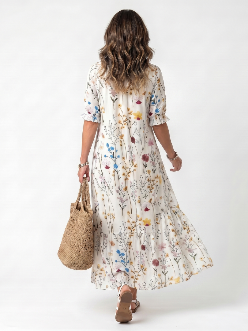 Sylvie | Vestido midi con estampado botánico y cordón de borlas