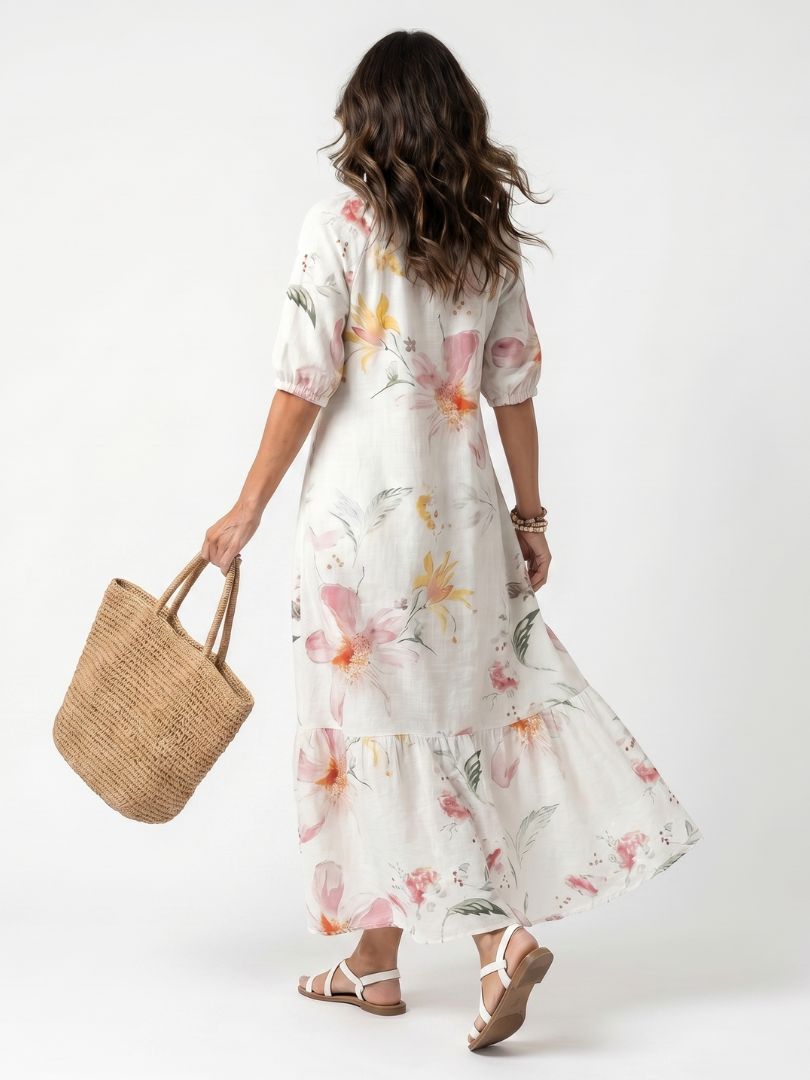 Noa | Vestido midi floral de volantes con borlas