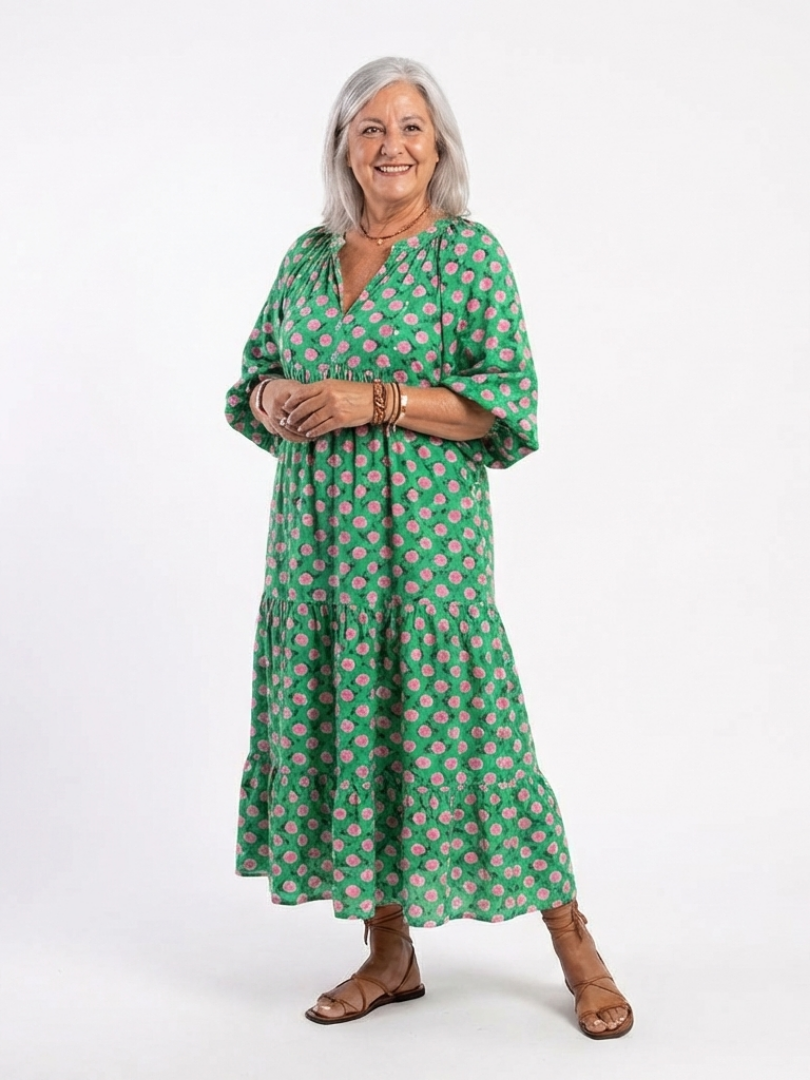 Fiora | Vestido midi de volantes con estampado floral y escote en V