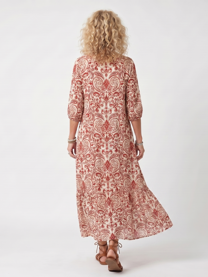 Noelle | Vestido midi con estampado ornamental y cordón de borlas