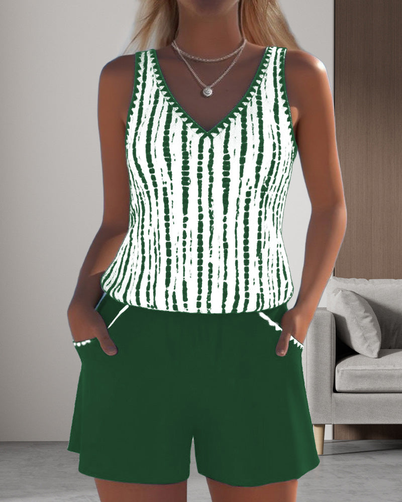 Traje de baño de dos piezas casual con bolsillos y escote en V estampado