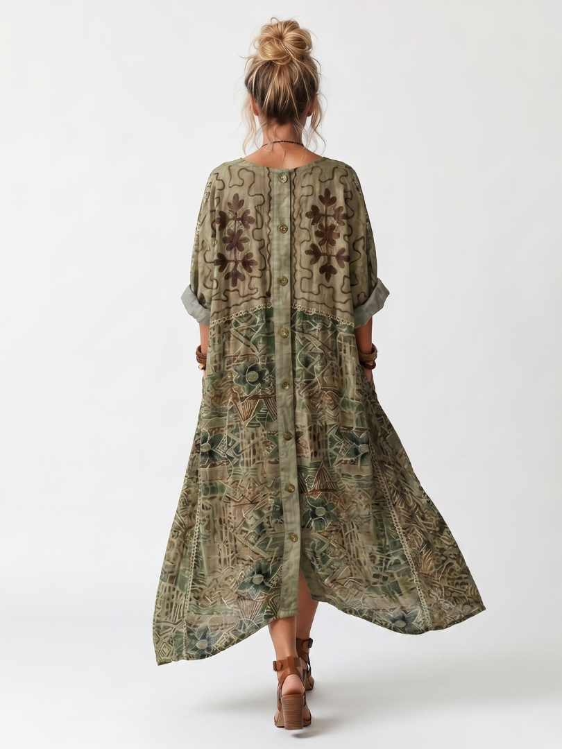 Aleta | Vestido midi oversize bordado con botonadura y bolsillos