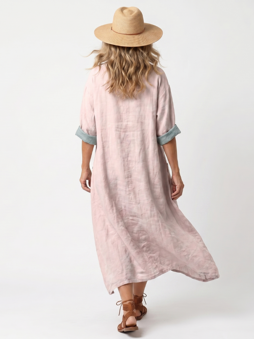 Kenza | Vestido midi relajado con paneles bordados y bolsillos