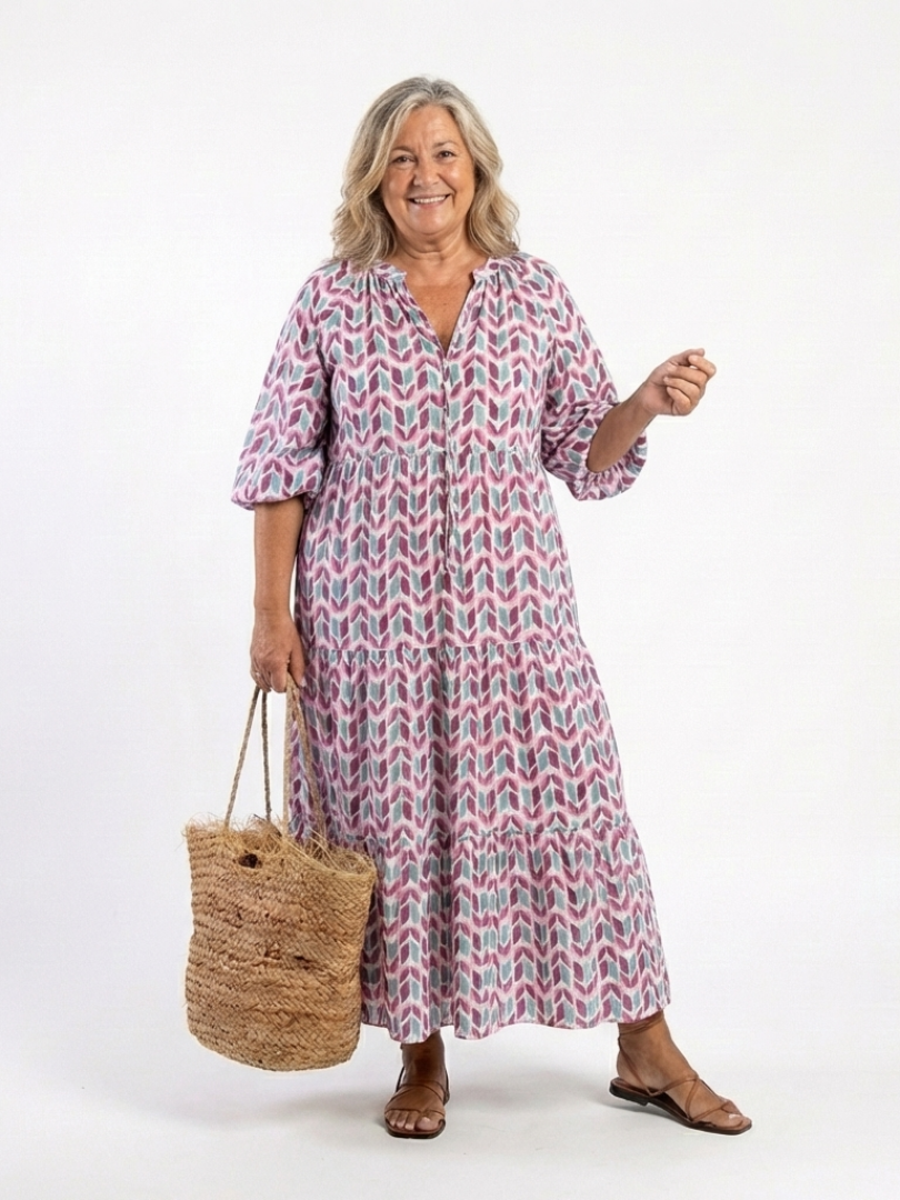 Mireya | Vestido midi de volantes con estampado geométrico y manga larga