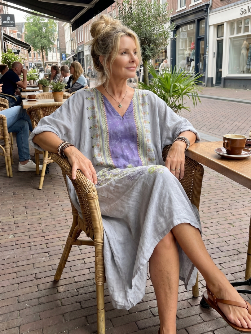 Raina | Vestido midi oversize con panel bordado en contraste y bolsillos
