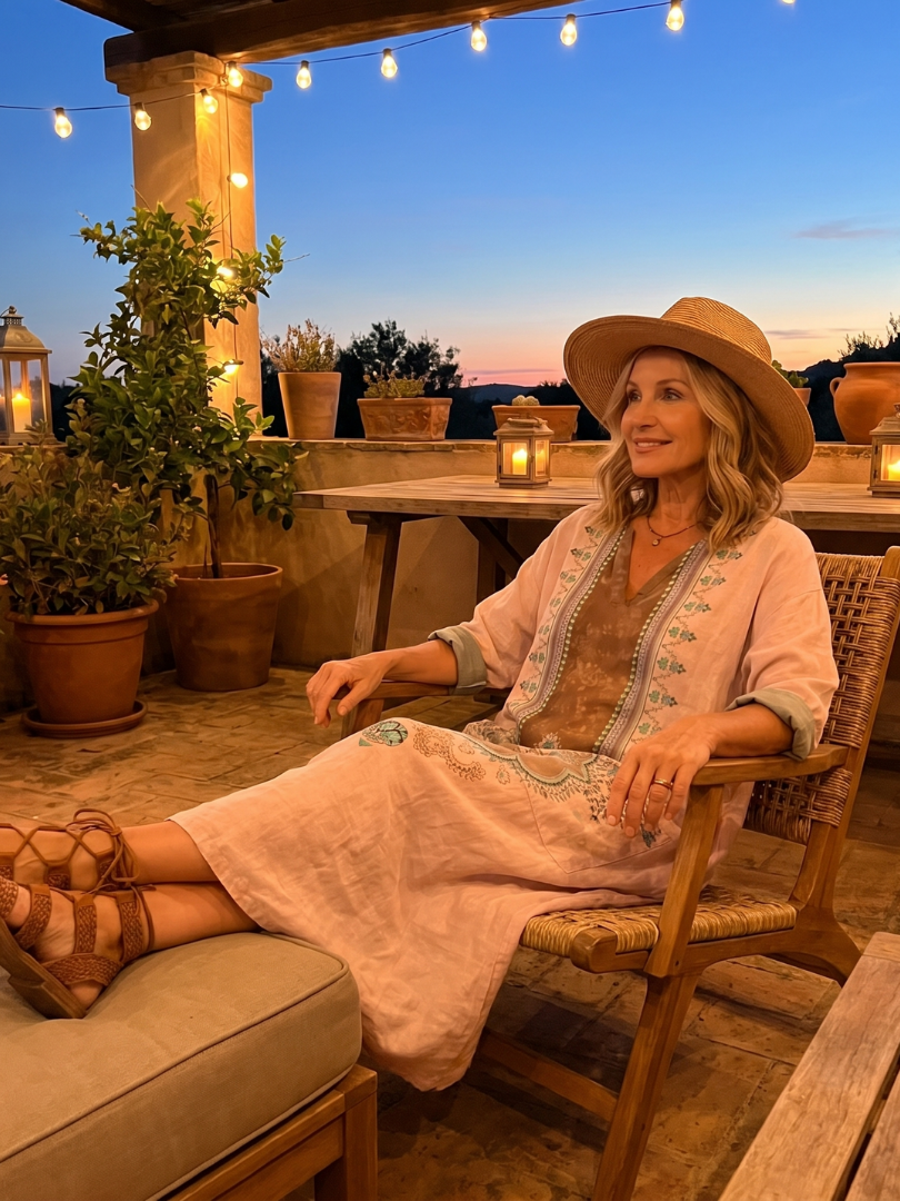 Kenza | Vestido midi relajado con paneles bordados y bolsillos