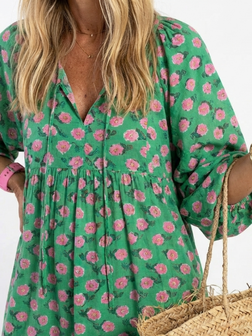 Fiora | Vestido midi de volantes con estampado floral y escote en V