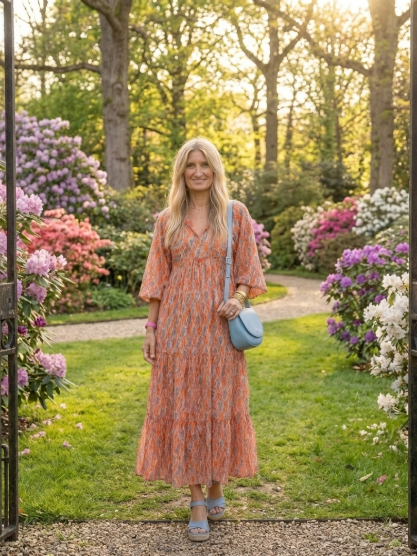 Amara | Vestido midi de volantes con estampado geométrico y escote en V