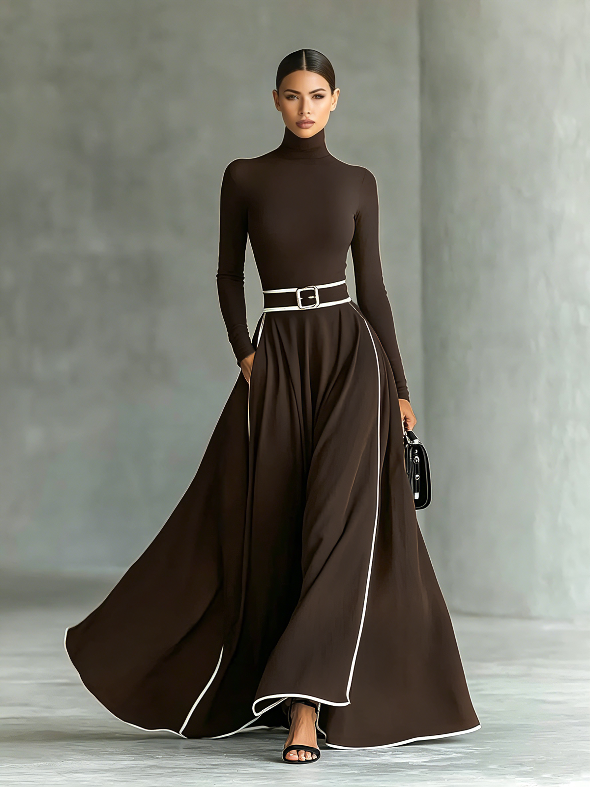 Gina – Vestido Maxi de Mujer Negro con Costuras Blancas y Cuello Alto, Manga Larga, Cintura Entallada