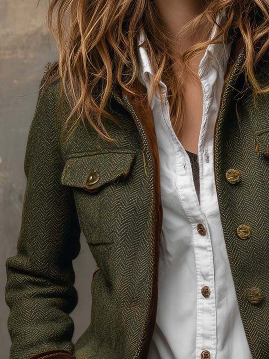 Honorine | Blazer Vintage Espiguilla con Ribetes Contrastantes